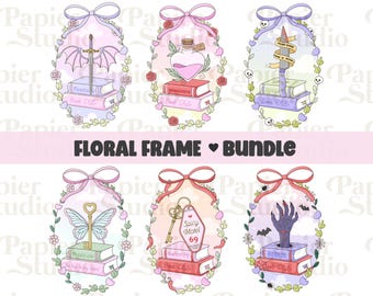 Bookish Floral Frame Bundle PNG SVG, Trendy Bookish Clipart, Design for Stickers, Trendy Aesthetic for Book Lovers, Bookish Commercial Use