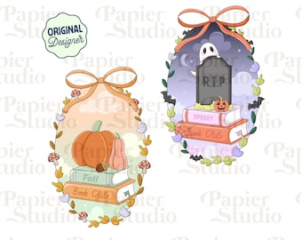 Spooky & Fall Floral Frame PNG SVG, Cute Bookish Fall Design for Stickers, Halloween Booklover Clipart, Commercial Use for Book Lovers
