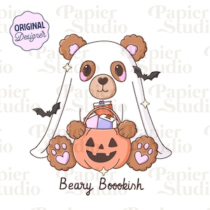 May include: A cartoon bear in a ghost costume, holding a pumpkin basket full of books. The bear has brown fur and is surrounded by bats and stars. The text "Beary Bookish" is below the image. The design is from "Original Designer".