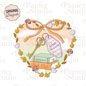 May include: Illustration of a heart-shaped design with a key, books, and a tag that reads "Key to Stars Hollow Library." The design includes a bow, leaves, and mushrooms, with the words "Autumn Book Club" on the books.