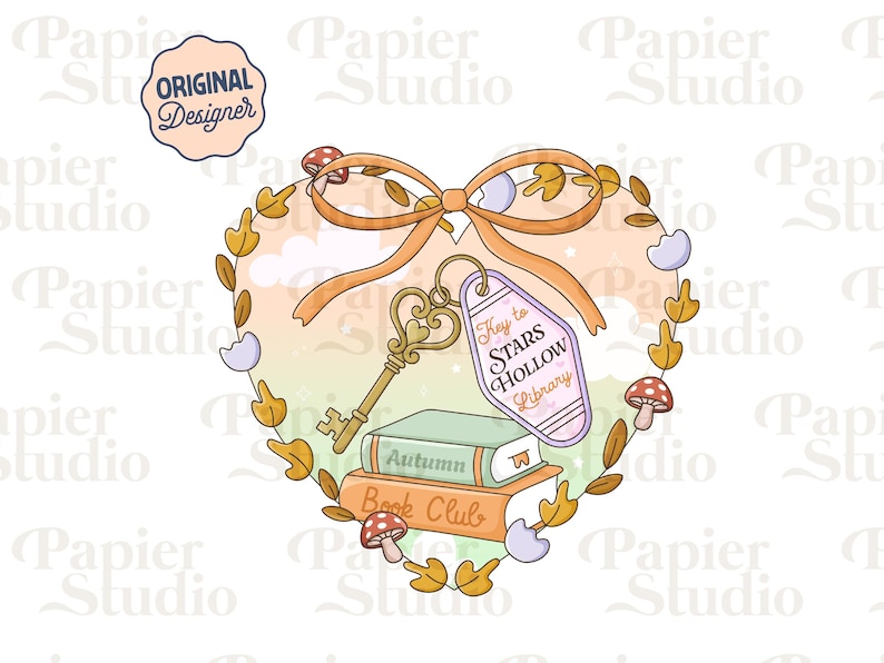 May include: Illustration of a heart-shaped design with a key, books, and a tag that reads "Key to Stars Hollow Library." The design includes a bow, leaves, and mushrooms, with the words "Autumn Book Club" on the books.