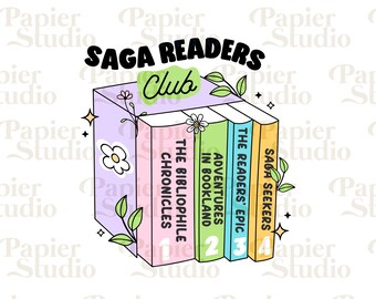 May include: A stack of four colorful paperback books with titles "Saga Seekers", "The Readers' Epic", "Adventures in Bookland", and "The Bibliophile Chronicles". The books are decorated with flowers and leaves. The text "Saga Readers Club" is above the books.