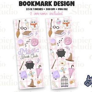 Peut inclure: Deux modèles de marque-pages numériques avec un fond à carreaux roses et blancs. Chaque marque-page présente des illustrations d'un balai, d'un hibou, d'une potion, d'un livre et d'autres éléments magiques. Le texte "Magic Book Club" est affiché sur l'un des marque-pages.