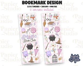Magic Book Club Bookmark PNG, Pink Bookish Magical Wizards Printable Design, Commercial Use