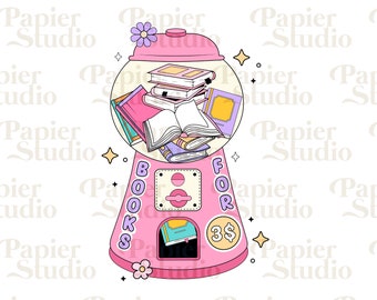 May include: A pink gumball machine with a flower on top, filled with colorful books. The machine has a sign that says "Books for $3".