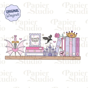 Romantasy Bookshelf PNG SVG, słodkie modne cliparty książkowe, projekt naklejki Kindle, plik do cięcia komercyjnego użytku Booklover, Romantasy Book Lover