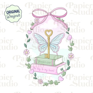 Puede incluir: Una ilustración caprichosa presenta una llave dorada con alas de mariposa sobre dos libros. Los libros están inscritos con "Books are" y "the key to my heart". Un lazo rosa y una corona floral rodean la llave y los libros.