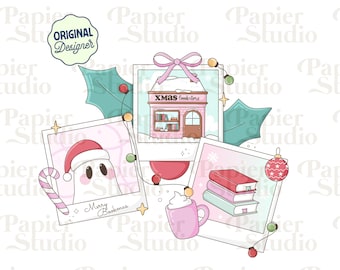 Bookish Christmas Polaroid PNG SVG, Cute Bookish Christmas clipart, Xmas Designs for Stickers, Commercial Use, Pink Coquette Christmas png