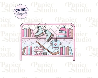 Estantería romántica de hockey PNG SVG, clipart literario moderno y atractivo, diseño de calcomanía para Kindle, uso comercial para amantes de los libros, diseño para amantes de los libros románticos