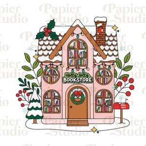 May include: A pink illustration of a bookstore with the text "Holly Jolly Bookstore". The building has a snow-covered roof, a chimney with a stocking, and is decorated with Christmas lights, holly, and a wreath. A mailbox and a small Christmas tree are also present.