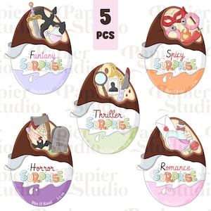 May include: Illustration of five chocolate egg-shaped containers, each with a different theme: Fantasy, Spicy, Thriller, Horror, and Romance. Each egg has a unique design and the words "Surprise" and "Bite & Read" are visible.