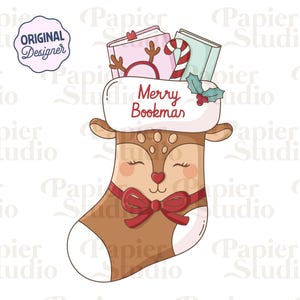 Merry Bookmas Stocking PNG SVG, Cute Bookish Christmas clipart, Xmas Designs for Stickers, Commercial Use, Reindeere png, Bookish winter png