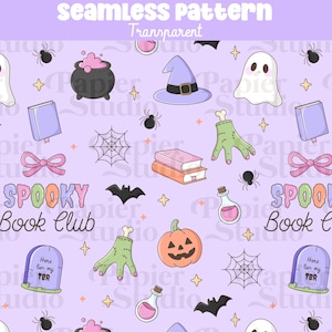 Peut inclure: Motif sans couture avec des illustrations d'Halloween sur fond violet clair. Le motif comprend des fantômes, des chapeaux de sorcière, des araignées, des citrouilles, des livres et le texte "Spooky Book Club".