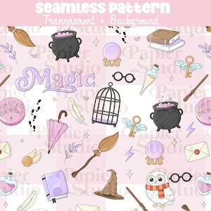 May include: A seamless pattern on a light pink background, featuring magical illustrations. Includes cauldrons, books, keys, wands, owls, and the word "Magic". The design is whimsical and colourful, ideal for themed crafts.