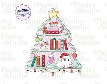 May include: A Christmas tree-shaped bookshelf illustration with a star topper, ornaments, and string lights. The shelves hold books, a snowman, a gingerbread man, a candy cane, and a ghost reading a book. The text "Xmas Girlie" is visible.