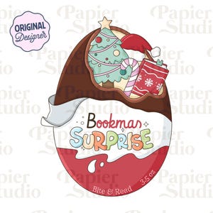 May include: A whimsical illustration of a chocolate egg with a Christmas theme. Inside the egg are a Christmas tree, Santa hat, candy cane, and a wrapped gift. The text "Bookmas Surprise" is displayed on the front.