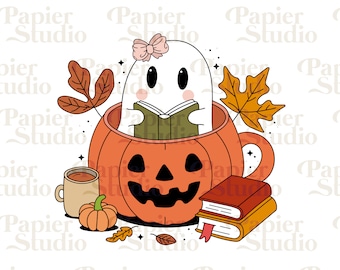 Cute Ghost READING PNG SVG, Bookish png, Bookish clipart, Designs for Stickers, Bookmarks, Shirts, Libbey Cups & Keychains, Autumn clipart