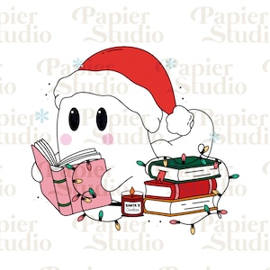 May include: A white ghost wearing a red Santa hat is reading a pink book. The ghost is surrounded by Christmas lights and a candle that says "Santa & Cookies".