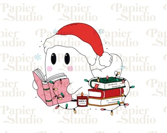 Christmas Ghost READING PNG SVG, Bookish png, Bookish clipart, Designs for Stickers, Bookmarks, Libbey Cups & Keychains, Christmas clipart