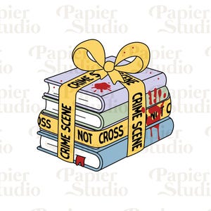 May include: A stack of books wrapped in yellow crime scene tape with the words "Crime Scene" and "Do Not Cross" printed on the tape. The tape is stained with red blood splatter.