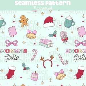 Peut inclure: Motif sans couture sur fond bleu clair avec des illustrations de Noël. Comprend des bonhommes en pain d'épices, des bonnets de Père Noël, des livres, des nœuds, des cloches, des cannes en bonbon et le texte "BOOKMAS Girlie".