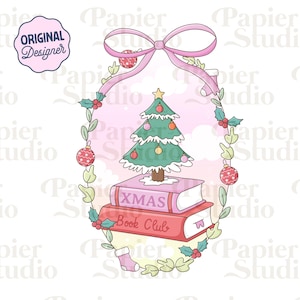 May include: A whimsical Christmas-themed illustration featuring a decorated tree atop two books labeled "XMAS" and "Book Club." The design includes a pink bow, ornaments, holly, and a stocking, all within a decorative frame.