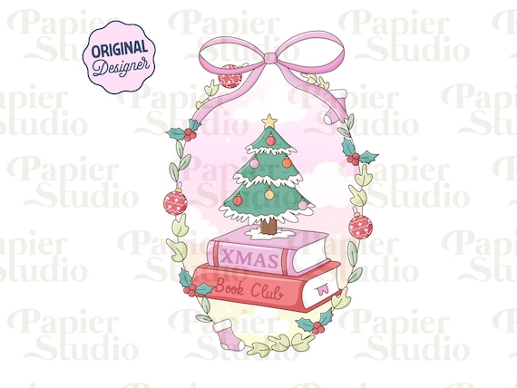 Christmas Book Club Floral Frame PNG SVG, Bookish Christmas clipart, Winter Designs for Stickers, Commercial Use, Pink Coquette Christmas