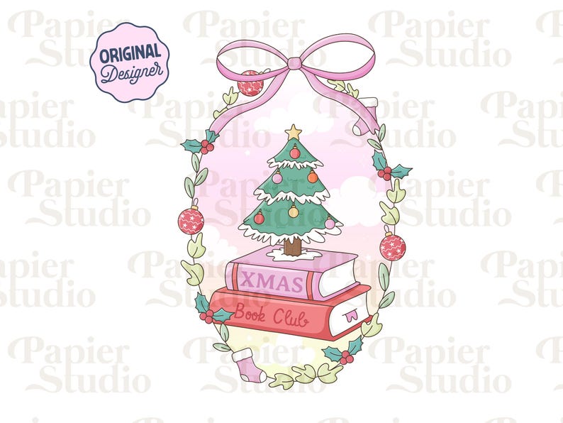 May include: A whimsical Christmas-themed illustration featuring a decorated tree atop two books labeled "XMAS" and "Book Club." The design includes a pink bow, ornaments, holly, and a stocking, all within a decorative frame.