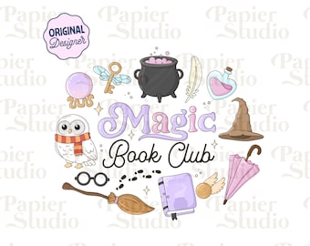 May include: A whimsical illustration featuring magical elements. Includes a cauldron, owl, crystal ball, key, potion bottle, sorting hat, broom, glasses, footprints, book, winged ball, and umbrella. The text "Magic Book Club" is also present.