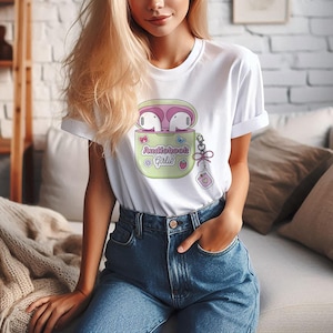 May include: White t-shirt featuring a cartoon graphic of a light green AirPods case with pink earbuds. The case has the text "Audiobook Girlie" and a small charm. The shirt is paired with blue jeans.