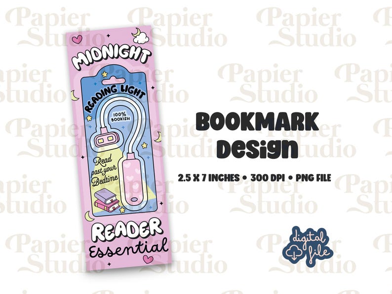 Puede incluir: Un dise&ntilde;o de marcap&aacute;ginas rosa y azul con una ilustraci&oacute;n de dibujos animados de una luz de libro. El texto en el marcap&aacute;ginas dice "Midnight Reading Light", "100% Bookish", "Read past your bedtime" y "Reader Essential".