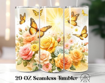 Roses Seamless tumbler wrap Spring tumbler sublimation Butterfly Flowers tumbler designs Florals Tumbler PNG, Gifts for her, Digital files