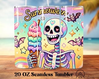 Summerween Seamless tumbler wrap Halloween tumbler designs Spooky Summer tumbler PNG Skeleton Summer Tumbler, Gifts for her, Digital files