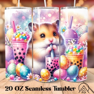 May include: A 20 oz stainless steel tumbler with a colorful design featuring a hamster drinking bubble tea surrounded by Easter eggs. The background is a watercolor-style design with pastel colors.