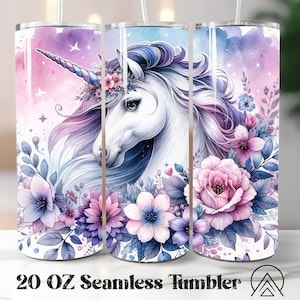 Unicorn aquarel tuimelaar wrap png, Unicorn Floral tuimelaar sublimatie png, Eenhoorn bloem tuimelaar ontwerpen, cadeaus voor haar, digitale bestanden