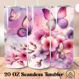 Sakura Seamless tumbler wrap Cherry Blossoms tumbler sublimation Wzory na kubkach motyle, Flowers Tumbler PNG, Prezenty dla niej, Plik cyfrowy