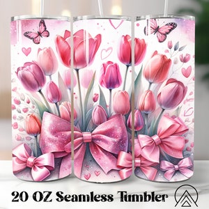 Tulpen Bow Naadloze tuimelaar wrap Coquette tuimelaar sublimatie Lentebloemen tuimelaar ontwerpen Tulp Tumbler PNG, Cadeaus voor haar, Digitale bestanden