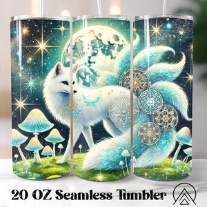 May include: A 20 oz seamless tumbler featuring a white fox with nine teal tails, set against a starry night sky and a full moon. The design includes mushrooms and decorative circular patterns. The tumbler is cylindrical and has a straw.