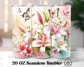 Lily Seamless tumbler wrap Spring tumbler sublimation Butterfly Flowers tumbler designs Florals Tumbler PNG, Gifts for her, Digital files