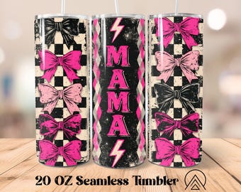 Retro Mama Bow Sömlös tumbler wrap Mors dag tumbler sublimering Mama tumbler designer Mom Tumbler PNG, Presenter till mamma, Digitala filer