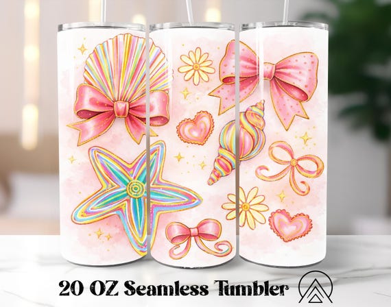 Coquette Bow Seashell tumbler wrap Summer Coquette tumbler sublimation Summer tumbler designs Seashell tumbler, Gifts for her, Digital files