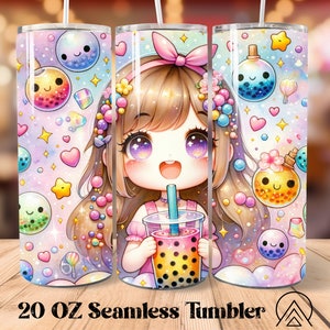 Emballage de gobelet sans couture fille kawaii Gobelet de thé à bulles sublimation sublimation gobelet de thé à bulles fille PNG, fichiers numériques