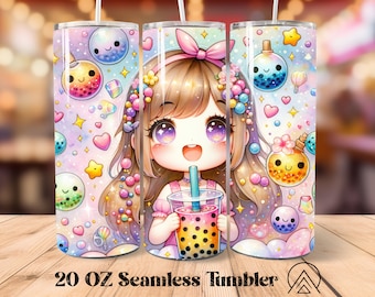 Kawaii Girl Seamless tumbler wrap Kawaii tumbler sublimation Bubble Tea tumbler designs Girl Bubble Tea tumbler PNG, Digital files