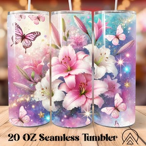 Lilie Nahtlose Becher wickeln Frühling Becher Sublimation Schmetterling Blumen Becher Designs Florals Becher PNG, Geschenke für sie, digitale Dateien