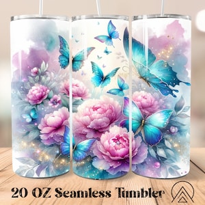 Pfingstrosen Nahtloser Becher wickeln Pfingstrose Sublimationsbecher Schmetterling Blumen Becher Designs, Florals Tumble PNG, Geschenke für sie, Digitale Dateien
