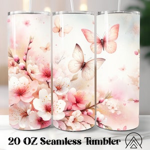 Sakura Seamless Tumbler Wrap Cherry Blossoms Tumbler Sublimation Butterfly Tumbler Tumbler Designs Blumen Tumble PNG, Geschenke für sie, Digitale Dateien