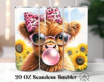 Bubblegum Highland Cow Seamless tumbler wrap Highland Cow tumbler sublimation Cow Sunflower Tumbler designs, Gifts for her, Digital files