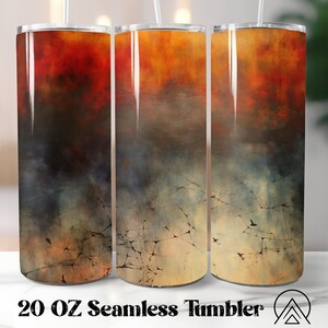 May include: Three 20 ounce stainless steel tumblers with a colorful abstract design featuring shades of orange, red, yellow, blue, and gray. The design resembles a watercolor painting with a cracked or textured effect.