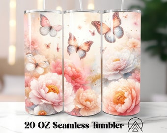 Peony Seamless tumbler wrap Spring tumbler sublimation Butterfly Flowers tumbler designs Florals Tumbler PNG, Gifts for her, Digital files