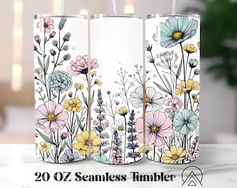 May include: Three 20 ounce stainless steel tumblers with a floral design. The tumblers are white with a floral pattern in shades of pink, yellow, blue, and green.